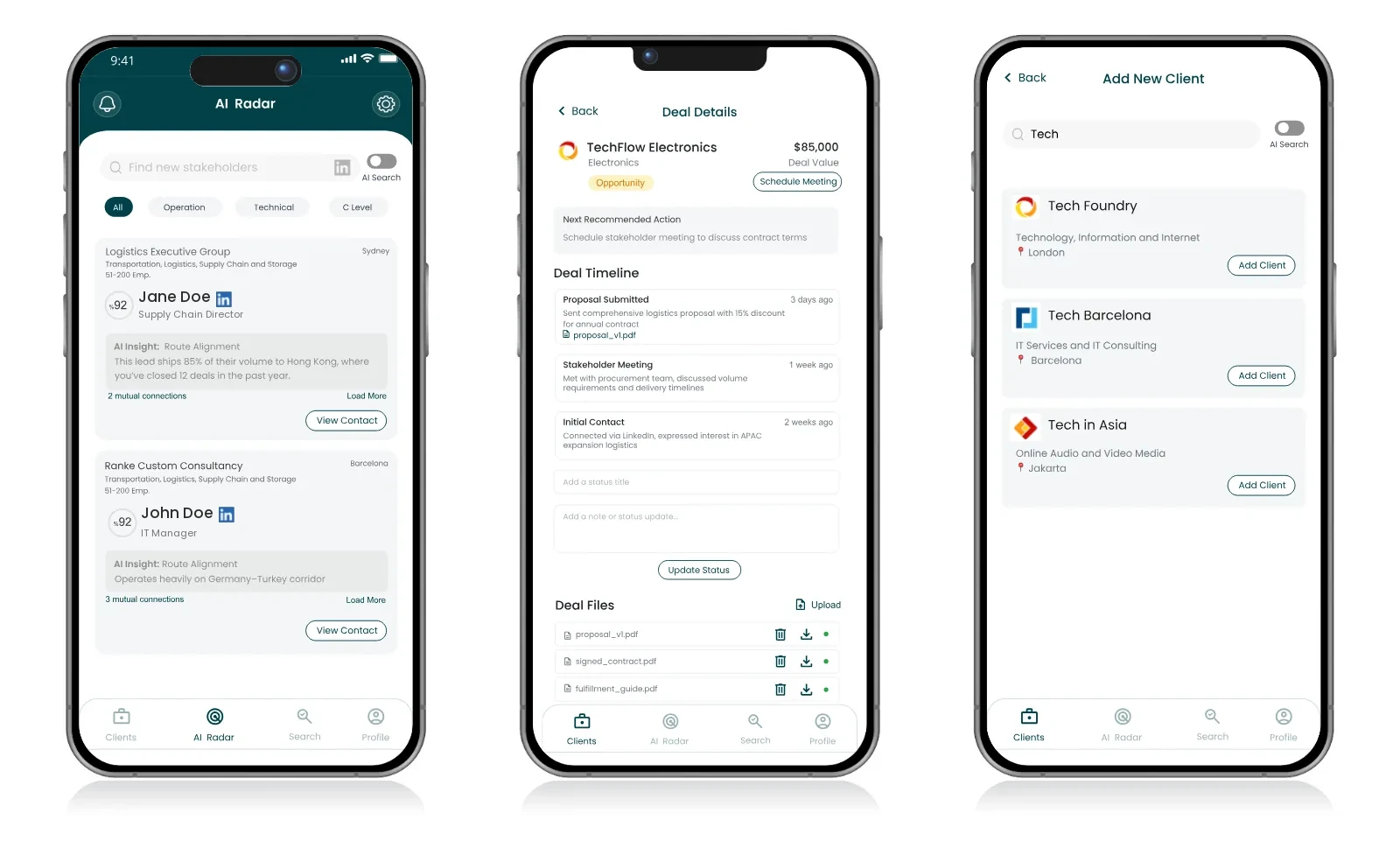Bildschirme der KI-gestützten Kunden- und Vertriebsmanagement-App: Kontaktentdeckung, Details zu Verkaufschancen und Kundenanlage.