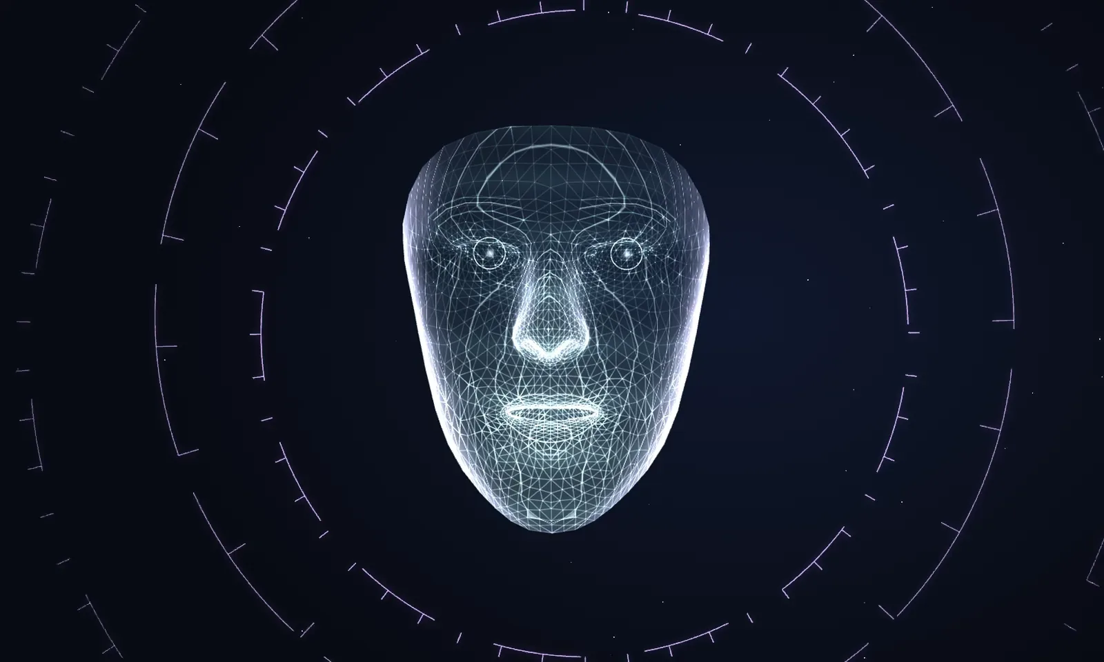 Leuchtendes Drahtgitter-Gesichtsmodell der 3D-Digitaler-Zwilling-Anwendung auf dunklem Hintergrund.